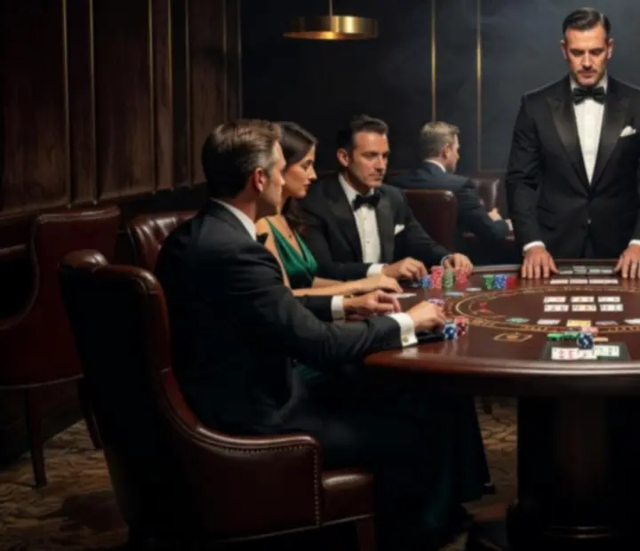 Prywatne kasynowe stoły poker i blackjack oświetlone nastrojowym światłem