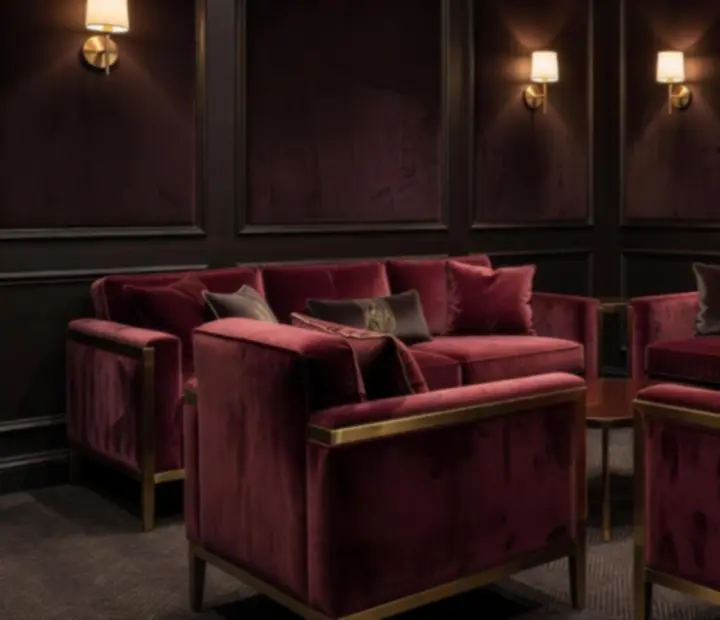 Velvetowe burgundowe wnętrze salonu z obsydianową paletą barw