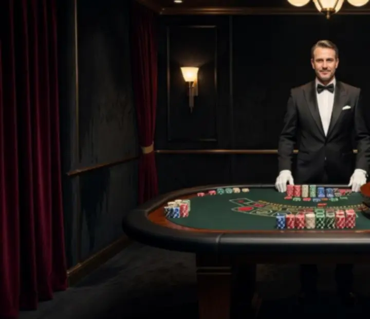 Opulentnie oświetlony prywatny pokój kasynowy z prawdziwym stołem pokerowym, ruletką i blackjackiem